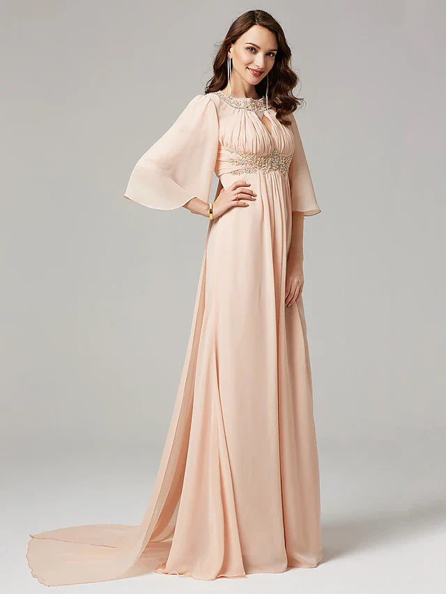 Wholesale A-Line Mother of the Bride Dress Luxurious Elegant Jewel Neck Sweep / Brush Train Chiffon Half Sleeve with Pleats Beading